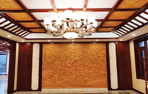 含山中式别墅客厅中式木作横梁吊顶装饰展示